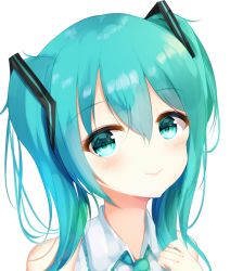 Rule 34 | 1girl, aqua eyes, aqua hair, aqua necktie, aties20, bare shoulders, closed mouth, collared shirt, commentary, hair ornament, hand up, hatsune miku, long hair, looking at viewer, necktie, portrait, shirt, simple background, sleeveless, sleeveless shirt, smile, solo, twintails, vocaloid, white background, white shirt