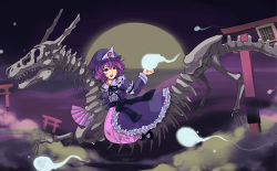 Rule 34 | 1girl, bad id, bad pixiv id, dragon, female focus, flying, ghost, hat, hitodama, japanese clothes, lovecom, open mouth, purple hair, saigyouji yuyuko, skeleton, smile, solo, torii, touhou