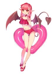 Rule 34 | 1girl, :q, absurdres, arms behind back, bandaid, bandaid hair ornament, bat wings, bikini, bow, braid, brown eyes, choker, demon girl, demon tail, earrings, food-themed earrings, food themed earrings, full body, hair bow, hair ornament, heart, heart-shaped pupils, highres, jewelry, looking at viewer, marota, navel, open mouth, original, pink hair, pointy ears, red bikini, red bow, red choker, sandals, short hair, solo, standing, strawberry earrings, swimsuit, symbol-shaped pupils, tail, tongue, tongue out, twin braids, wings