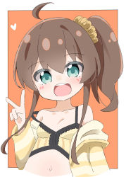 Rule 34 | 1girl, :d, ahoge, blush, breasts, brown hair, camisole, collarbone, commentary request, crop top, cropped torso, green eyes, hair between eyes, hair ornament, hair scrunchie, hand up, heart, highres, hololive, jacket, kapuru 0410, long sleeves, looking at viewer, natsuiro matsuri, natsuiro matsuri (matsuri&#039;s day off), navel, off shoulder, open clothes, open jacket, open mouth, orange background, scrunchie, side ponytail, small breasts, smile, solo, strap slip, striped clothes, striped jacket, teeth, two-tone background, upper body, upper teeth only, v, virtual youtuber, white background, yellow camisole, yellow scrunchie