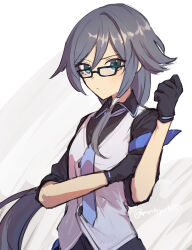 Rule 34 | 1girl, armband, black gloves, black sleeves, blue armband, clenched hand, closed mouth, fu hua, fu hua (night squire), glasses, gloves, grey hair, hair between eyes, highres, honkai (series), honkai impact 3rd, long hair, mmhy hk, simple background, solo, upper body, white background