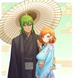 Rule 34 | 1boy, 1girl, :d, aged up, ahoge, alternate costume, black kimono, blue kimono, blush, border, breasts, brown hair, commentary request, danganronpa another, floral print, from side, frown, green eyes, green hair, highres, holding, holding umbrella, japanese clothes, kimono, looking at viewer, medium breasts, mekaru rei, obi, oil-paper umbrella, open mouth, orange eyes, orange hair, otori teruya, ponytail, ppakunak, sash, shared umbrella, short hair, short ponytail, smile, super danganronpa another 2, umbrella, upper body, white border, yellow eyes