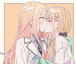 2girls black_bow black_necktie blonde_hair blue_eyes blush border bow closed_eyes clothes_grab collared_shirt commentary from_side fujita_kotone gakuen_idolmaster grey_shirt hair_bow highres idolmaster jacket jacket_grab juo_sena kiss kousaka_0v0 long_hair long_sleeves multicolored_hair multiple_girls necktie orange_background outline pink_hair shirt simple_background sleeves_past_wrists streaked_hair sweatdrop twintails upper_body white_jacket white_outline yellow_border yuri