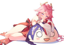 Rule 34 | 1girl, absurdres, animal ears, arm support, blush, breasts, character pillow, commentary, crossed arms, detached sleeves, earrings, floral print, fox ears, full body, genshin impact, hatonaru525, headpiece, highres, japanese clothes, jewelry, long hair, looking at viewer, low-tied long hair, lying, medium breasts, obi, on side, parted lips, pelvic curtain, pink hair, purple eyes, raiden shogun, sash, sideboob, simple background, solo, tassel, thighs, white background, wide sleeves, yae miko