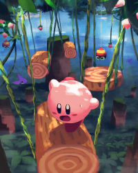 Rule 34 | balancing, creature, day, food, forest, fruit, highres, kirby, kirby (series), kirby 64, leaf, nature, nintendo, open mouth, outdoors, plant, sky, solo, standing, standing on one leg, strawberry, suyasuyabi, sweat, sweatdrop, tongue, tree, vines, wood