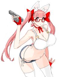 Rule 34 | animal ears, bad id, bad pixiv id, bare shoulders, bow, breasts, cat ears, denim, denim shorts, glasses, gun, hair bow, handgun, large breasts, long hair, looking at viewer, o-ring, o-ring top, oekaki, original, pink hair, pistol, red eyes, short shorts, shorts, solo, srco, thighhighs, twintails, vrkdh, weapon, white thighhighs