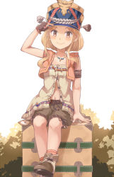 Rule 34 | &gt;:), 10s, 1girl, :d, armband, atelier (series), atelier escha &amp; logy, bad id, bad pixiv id, blonde hair, blush, boots, brown eyes, brown footwear, brown gloves, brown shorts, collarbone, dutch angle, fingerless gloves, gloves, hand on headwear, hat, highres, jewelry, katla larchica, looking at viewer, machikado, md5 mismatch, necklace, open mouth, orange socks, resolution mismatch, shako cap, shirt, short hair with long locks, shorts, single glove, sitting, sleeveless, sleeveless shirt, smile, socks, solo, suitcase, v-shaped eyebrows, white background, white shirt