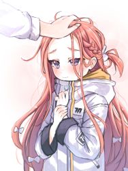 Rule 34 | 1girl, blue archive, blush, closed mouth, commentary request, forehead, hair ribbon, headpat, hood, hooded jacket, jacket, lobsteranian, long hair, purple eyes, red hair, ribbon, school uniform, simple background, solo focus, yuzu (blue archive)