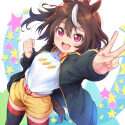 Rule 34 | 1girl, :d, animal ears, black jacket, black thighhighs, brown hair, carrot print, character request, clenched hand, commentary request, food print, hair between eyes, hair ornament, highres, horse ears, horse girl, horse tail, jacket, kanabun, kitasan black (umamusume), long sleeves, looking at viewer, multicolored hair, open mouth, print shirt, red eyes, shirt, shorts, smile, solo, standing, star (symbol), starry background, streaked hair, tail, thighhighs, umamusume, v, white hair, white shirt, yellow shorts