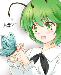 Rule 34 | 1girl, :d, antennae, artist name, blouse, bug, butterfly, frilled sleeves, frills, green eyes, green hair, insect, open mouth, rasupu, shirt, short hair, smile, touhou, wriggle nightbug