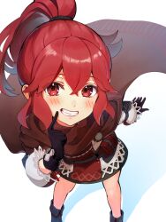 Rule 34 | 1girl, anna (fire emblem), aoisu ao, black gloves, blush, cape, fire emblem, fire emblem engage, gloves, grin, hand on own face, highres, long hair, long sleeves, looking at viewer, nintendo, ponytail, shadow, shoes, simple background, skirt, smile, solo, white background