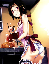 Rule 34 | 10s, 1girl, apron, ass, black hair, blue panties, bowl, breasts, cake, cooking, cowboy shot, cream, cream on face, dutch angle, female focus, food, food on face, fruit, glasses, hair ornament, hairclip, heart, heart print, high school dxd, highres, holding, indoors, kitchen, looking at viewer, looking back, mixing bowl, miyama-zero, nearly naked apron, no bra, official art, oven, panties, purple eyes, ribbon, scan, sexually suggestive, short hair, small breasts, solo, sona sitri, standing, suggestive fluid, thigh strap, twisted torso, underwear, whipped cream, whisk, white panties, wrist cuffs, wrist ribbon