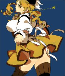 Rule 34 | 10s, 1girl, ass, blonde hair, blue background, breasts, dress, drill hair, kinako (marubotan), large breasts, long hair, mahou shoujo madoka magica, mahou shoujo madoka magica (anime), mami mogu mogu, profile, simple background, skindentation, solo, spoilers, standing, thighhighs, thighs, tomoe mami