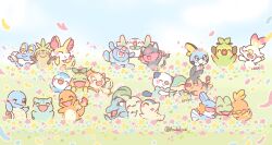 Rule 34 | animal ear fluff, arms up, artist name, asakoline, blush stickers, brown eyes, bulbasaur, charmander, chespin, chikorita, chimchar, closed eyes, closed mouth, creatures (company), cyndaquil, fennekin, field, flame-tipped tail, flower, flower field, froakie, game freak, gen 1 pokemon, gen 2 pokemon, gen 3 pokemon, gen 4 pokemon, gen 5 pokemon, gen 6 pokemon, gen 8 pokemon, grookey, happy, head wreath, mudkip, nintendo, nostrils, one eye closed, open mouth, oshawott, outdoors, piplup, pokemon, pokemon (creature), scorbunny, sharp teeth, signature, smile, snivy, sobble, squirtle, starter pokemon trio, teeth, tepig, torchic, totodile, treecko, turtwig, twitter username