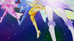 Rule 34 | character request, cure fortune, cure fortune (innocent form), cure honey, cure honey (innocent form), cure lovely, cure lovely (innocent form), cure princess, cure princess (innocent form), haruyama kazunori, legs, magical girl, multiple girls, precure, skirt, space, star (sky)