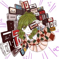 Rule 34 | 1girl, cassette tape, commentary, from above, green eyes, green hair, highres, holding, looking at viewer, original, pink skirt, plaid, plaid sweater, shirt, sidelocks, sk76376502, skirt, solo, sweater, symbol-only commentary, too many, white shirt