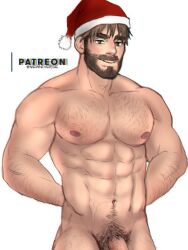 Rule 34 | 1boy, abs, arm hair, arms behind back, bara, beard, chest hair, completely nude, facial hair, flaccid, hairy, hat, large pectorals, looking at viewer, magnum opus (mewniverse), male focus, male pubic hair, mature male, mewniverse, multicolored hair, muscular, muscular male, mustache, navel, navel hair, nipples, nude, paid reward available, pectorals, pubic hair, sam (mewniverse), santa hat, short hair, sideburns, solo, standing, thick eyebrows, thick thighs, thighs, two-tone hair