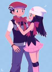 Rule 34 | 1boy, 1girl, bare arms, black eyes, black shirt, black socks, blue background, boots, bow, bracelet, creatures (company), dawn (pokemon), eye contact, from side, game freak, grey pants, hair ornament, hairclip, hat, highres, jewelry, knee boots, looking at another, lucas (pokemon), miniskirt, musical note, nintendo, outline, pants, pink footwear, pink skirt, poke ball print, pokemon, pokemon dppt, print headwear, red bow, red headwear, sawarabi (sawarabi725), shirt, short sleeves, simple background, skirt, sleeveless, sleeveless shirt, socks, standing, white headwear, white sleeves