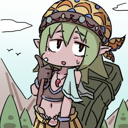 Rule 34 | 1girl, :d, absurdres, alasharx, bandana, bird, black eyes, blue sky, brown gloves, brown tank top, chibi, chinese commentary, cloud, collarbone, colored skin, commentary request, crop top, day, gloves, highres, index finger raised, jewelry, light green hair, long hair, navel, necklace, no nose, notched ear, open fly, open mouth, orange pupils, pirila (sequel), pointy ears, purple skin, sequel (series), sequel awake, sky, smile, solo, tank top, towel, towel around neck, yellow bandana, yellow headwear