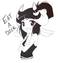 Rule 34 | 1girl, animal ears, bad id, bad tumblr id, breasts, cropped torso, crossed arms, english text, greyscale, horns, monochrome, obj shep, open mouth, original, red eyes, round teeth, sheep ears, sheep girl, sheep horns, small breasts, solo, spot color, teeth, upper body, white background