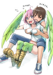Rule 34 | 1boy, 1girl, aqua eyes, bad id, bad pixiv id, blush, brown hair, feather hair, feathered wings, feathers, grabbing, grabbing another&#039;s breast, groping, harpy, heart, hetero, monster girl, nejitsu (nucomas), nucomas, original, pink hair, shirt, simple background, sitting, sitting on person, spoken heart, symbol-shaped pupils, t-shirt, talons, translation request, white background, winged arms, wings
