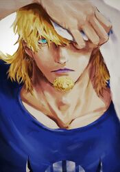 Rule 34 | 1boy, blonde hair, blue eyes, blue shirt, chiyo (@ch falgar), closed mouth, facial hair, goatee, hair between eyes, highres, holding, killer (one piece), long hair, looking at viewer, male focus, one eye covered, one piece, purple lips, shirt, signature, simple background, solo, water, white background