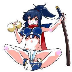 Rule 34 | 10s, 1girl, armor, bare legs, black hair, female focus, fundoshi, izumi (queen&#039;s blade), japanese armor, japanese clothes, looking at viewer, lowres, ponytail, queen&#039;s blade, queen&#039;s blade rebellion, sitting, solo, sword, weapon