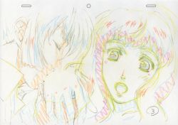 Rule 34 | 1boy, 1girl, color trace, closed eyes, highres, licking, long hair, macross, macross frontier, macross frontier: itsuwari no utahime, production art, saotome alto, sheryl nome, sketch, surprised