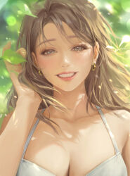 Rule 34 | 1girl, bangsom, bare shoulders, blurry, blurry background, breasts, brown hair, camisole, cleavage, collarbone, commentary, earrings, english commentary, green background, green eyes, grin, hand in own hair, hand up, highres, hoop earrings, jewelry, large breasts, leaf, long hair, looking at viewer, mole, mole under eye, nose, original, parted lips, smile, solo, upper body, white camisole
