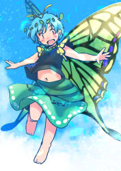 Rule 34 | 1girl, antennae, aqua hair, barefoot, black shirt, blush, butterfly wings, day, eternity larva, fairy, full body, green skirt, insect wings, leaf, leaf on head, open mouth, outdoors, rangycrow, red eyes, shirt, short hair, skirt, sky, smile, solo, touhou, wings