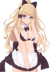 Rule 34 | 1girl, alternate costume, bikini, black bow, blonde hair, blue eyes, bow, breasts, cleavage, elf, enmaided, hair bow, highres, long hair, looking at viewer, maid, maid bikini, pointy ears, ponytail, princess connect!, saren (princess connect!), solo, swimsuit, unconventional maid, yui081