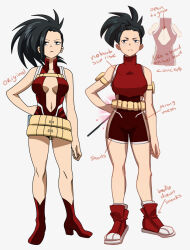 Rule 34 | 1girl, arm pouch, armor, arrow (symbol), bare shoulders, belt, black hair, bodysuit, boku no hero academia, breasts, center opening, character sheet, cleavage, collared shirt, commentary, concept art, english commentary, english text, frown, hair pulled back, hand on own hip, high collar, highres, mesh, mto, multiple views, navel, ponytail, red bodysuit, red footwear, red shirt, red shorts, redesign, reference inset, shirt, shoes, short hair, shorts, side slit, side slit shorts, sleeveless, sleeveless shirt, sneakers, spiked hair, superhero costume, yaoyorozu momo
