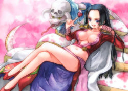Rule 34 | 1girl, amazon lily, amazon warrior, bad id, bad pixiv id, black hair, boa hancock, breasts, cleavage, crossed legs, female focus, geroro, heart, large breasts, legs, long hair, long legs, one piece, salome (one piece), shoes, sitting, skull, snake, thighs
