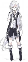 Rule 34 | 1boy, ahoge, boots, expressionless, full body, hijiri (resetter), long hair, looking away, male focus, necktie, original, ponytail, shorts, sketch, socks, solo, very long hair, vest, white background, white eyes, white hair