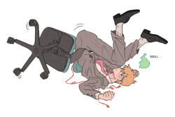 Rule 34 | 1boy, black eyes, black footwear, blonde hair, chair, clenched hands, closed mouth, commentary, day (dfe7ff), earphones, ekubo (mob psycho 100), fallen down, formal, full body, grey jacket, grey pants, grey suit, jacket, korean commentary, korean text, long sleeves, looking at viewer, male focus, mob psycho 100, necktie, office chair, pants, pink necktie, reigen arataka, shoes, short hair, simple background, socks, solo, suit, swivel chair, tears, translation request, white background, white socks