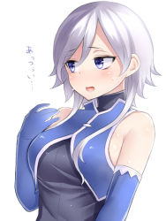 Rule 34 | 1girl, blue eyes, blush, breasts, commentary request, dress, elbow gloves, gloves, hair between eyes, hand up, large breasts, looking away, neit ni sei, open mouth, original, short hair with long locks, silver hair, sleeveless, sleeveless dress, solo, sweat, translated, upper body, white background