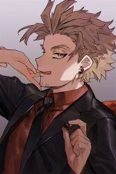 Rule 34 | 1boy, 1girl, black jacket, black necktie, blazer, blonde hair, boku no hero academia, collared shirt, ear piercing, earrings, eyeliner, facial hair, facial mark, feathered wings, feathers, formal, from side, goatee, grey background, hand on another&#039;s arm, hand on another&#039;s face, hawks (boku no hero academia), holding, jacket, jewelry, licking lips, looking at viewer, makeup, male focus, mm39572, naughty face, necktie, out of frame, piercing, red feathers, red shirt, red wings, shirt, short hair, solo focus, stubble, stud earrings, suit, suit jacket, tongue, tongue out, upper body, wing collar, wings, yellow eyes