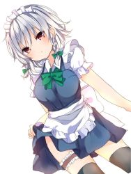 Rule 34 | 1girl, apron, bad id, bad twitter id, black thighhighs, blue hair, blush, bow, bowtie, braid, breasts, bridal garter, clothes lift, commentary request, cowboy shot, dutch angle, frilled apron, frills, green bow, green bowtie, hair between eyes, hair bow, highres, izayoi sakuya, karasusou nano, lifting own clothes, looking at viewer, maid, maid headdress, medium breasts, one-hour drawing challenge, parted lips, pink eyes, short sleeves, side braid, simple background, skirt, skirt lift, solo, thighhighs, touhou, twin braids, waist apron, white apron, white background, zettai ryouiki