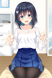 Rule 34 | 1girl, :d, black hair, black pantyhose, blue eyes, blue skirt, blurry, blurry background, breasts, butterfly hair ornament, collarbone, commentary request, depth of field, hair between eyes, hair ornament, hands up, highres, indoors, komori kuzuyu, long sleeves, mirror, no shoes, o-ring, o-ring bottom, open mouth, original, pantyhose, pleated skirt, reflection, rivier (kuzuyu), shirt, skirt, small breasts, smile, solo, white shirt, wooden floor