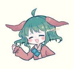 Rule 34 | 1girl, ahoge, animal ears, blush, closed eyes, cropped torso, dog ears, dress, green background, green hair, hand up, kasodani kyouko, long sleeves, m (m073111), open mouth, pink dress, short hair, simple background, smile, solo, touhou, upper body