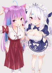 Rule 34 | 2girls, alternate hairstyle, anchor symbol, animal ears, blush, breasts, cat ears, cleavage, cosplay, costume switch, drill hair, hair ornament, hairclip, highres, hololive, japanese clothes, large breasts, long hair, looking at viewer, maid headdress, miko, minato aqua, minato aqua (1st costume), multiple girls, nail polish, nijisanji, red eyes, shiina yuika, shiina yuika (3rd costume), shikapiro, twin drills, virtual youtuber, white background