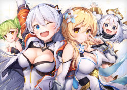Rule 34 | 4girls, :p, ai-chan (honkai impact), arm up, bare shoulders, black scarf, blonde hair, blue eyes, blush, breasts, closed mouth, detached sleeves, dress, flower, genshin impact, green hair, hair between eyes, hair ornament, halo, hand up, honkai (series), honkai impact 3rd, kiana kaslana, kiana kaslana (white comet), long hair, long sleeves, looking at viewer, lumine (genshin impact), medium breasts, mihoyo, multiple girls, one eye closed, open mouth, paimon (genshin impact), scarf, short hair, simple background, smile, thumbs up, tongue, tongue out, trait connection, very long hair, white dress, white flower, white hair, xfate, yellow eyes