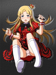 Rule 34 | 1girl, black background, black bow, black bowtie, blonde hair, blue eyes, blush, boots, bow, bowtie, collared shirt, commentary request, crotch seam, crown, dress, frilled dress, frills, full body, holding, idolmaster, idolmaster million live!, idolmaster million live! theater days, invisible chair, knee boots, lace, lace-trimmed panties, lace trim, lielos, long hair, looking at viewer, microphone, mini crown, open mouth, panties, puffy short sleeves, puffy sleeves, red dress, shinomiya karen, shirt, short dress, short sleeves, sitting, solo, sweatdrop, underwear, white footwear, white panties, wrist cuffs