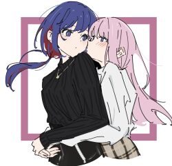 Rule 34 | 2girls, atenaba, black skirt, black sweater, blue eyes, blue hair, blush, brown skirt, closed mouth, colored inner hair, highres, hug, hug from behind, imminent kiss, jewelry, kaf (kamitsubaki studio), kamitsubaki studio, kiss, kissing cheek, long hair, long sleeves, looking at another, multicolored hair, multiple girls, necklace, pink background, pink hair, plaid, plaid skirt, red hair, ribbed sweater, rim (kamitsubaki studio), shirt, skirt, sleeves past wrists, sweater, two-tone background, upper body, white background, white shirt, yellow pupils, yuri