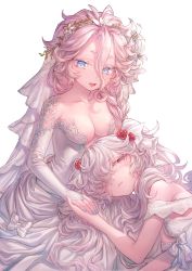 Rule 34 | 2girls, absurdres, blue eyes, blue nails, breasts, cleavage, closed mouth, dress, flower, hair flower, hair ornament, hair over one eye, highres, holding hands, lap pillow, leon v, long hair, looking at another, medium breasts, multiple girls, nail polish, one eye covered, open mouth, original, pink eyes, pink hair, wedding dress, white background, white hair