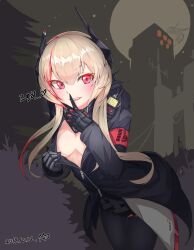 Rule 34 | 1girl, ^^^, armband, bad id, bad pixiv id, black jacket, black thighhighs, blonde hair, blush, breasts, building, cleavage, commentary, dated, dinergate (girls&#039; frontline), fang, finger to mouth, full moon, girls&#039; frontline, gloves, hair between eyes, headgear, heart, highres, huge moon, jacket, jwh, korean text, large breasts, leaning forward, long hair, looking at viewer, m4 sopmod ii (girls&#039; frontline), mechanical hands, moon, multicolored hair, night, no bra, outdoors, parted lips, partially unzipped, red armband, red eyes, red hair, sangvis ferri, shushing, signature, single mechanical hand, skyscraper, smile, solo, streaked hair, teeth, thighhighs, translation request, tree, undressing, upper teeth only, walkie-talkie