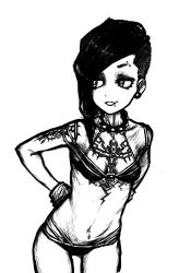 Rule 34 | 1girl, black hair, breasts, collar, highres, monochrome, navel piercing, piercing, simple background, small breasts, solo, tattoo, wabaki, white background