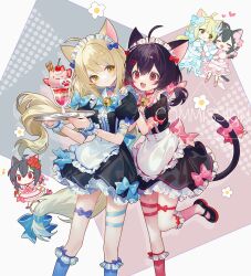 Rule 34 | 2girls, :d, animal ears, apron, bell, black dress, black footwear, black hair, blonde hair, blue bow, blue flower, blue rose, blue socks, borrowed character, bow, brown eyes, cat ears, cat girl, cat tail, chibi, collared dress, commentary request, commission, dress, eighth note, fang, floating hair, flower, frilled apron, frilled dress, frilled socks, frills, grey background, hair between eyes, hair bow, hand on another&#039;s head, head tilt, heart, highres, jingle bell, kneehighs, long hair, maid, maid headdress, multicolored hair, multiple girls, multiple views, musical note, neck bell, open mouth, original, pink bow, pink flower, pink rose, pink socks, puffy short sleeves, puffy sleeves, red eyes, red hair, rose, shoes, short sleeves, skeb commission, smile, socks, standing, standing on one leg, tail, two-tone hair, very long hair, waist apron, watermark, white apron, white dress, white flower, yamiko