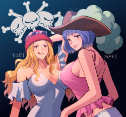 Rule 34 | 2girls, bare shoulders, blackbeard pirates, blackbeard pirates jolly roger, blonde hair, blue eyes, blue hair, breasts, brown eyes, hat feather, highres, jolly roger, large breasts, long hair, looking at viewer, maki (one piece), midriff, multiple girls, navel, one piece, pirate, shirt, short hair, sleeveless, sleeveless shirt, tongue, tongue out, tori (one piece)