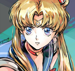 Rule 34 | 1girl, artist name, bishoujo senshi sailor moon, blonde hair, blue eyes, blue sailor collar, breasts, choker, circlet, cleavage, commentary, crescent, crescent earrings, derivative work, diadem, earrings, english commentary, hair over shoulder, heart, heart choker, jewelry, long hair, looking to the side, meme, parted bangs, parted lips, red choker, sailor collar, sailor moon, sailor moon redraw challenge (meme), sailor senshi uniform, screenshot redraw, shirt, solo, tile floor, tiles, tsukino usagi, twintails, upper body, white shirt, zzyzzyy
